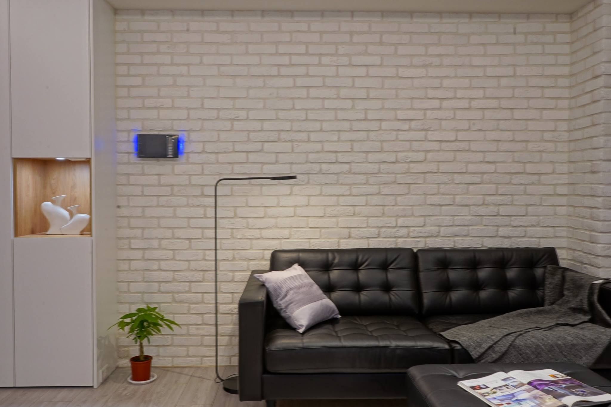 新都廳 II：白色文化磚牆與黑色皮沙發